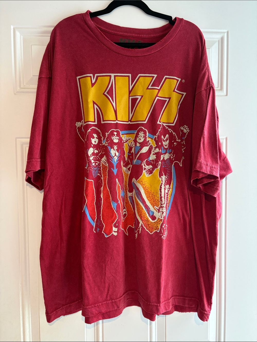 KISS Graphic Tee - Red with Yellow & Blue Band Art
